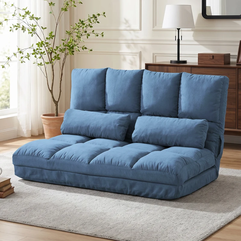 HOMCOM Convertible Recliner Sofa, Folding Floor Sofa Chair with Adjustable Backrest and Headrest, Blue