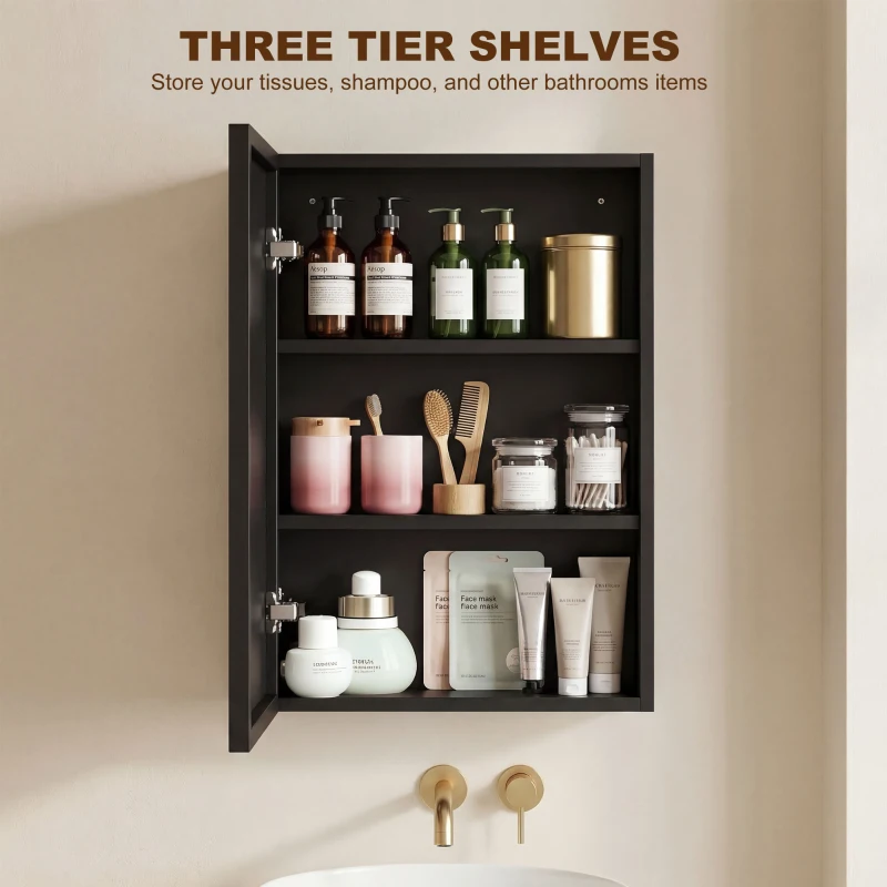 kleankin Wall Mounted Bathroom Medicine Cabinet with Hinged Door Storage Shelves for Living Room and Laundry Room Black