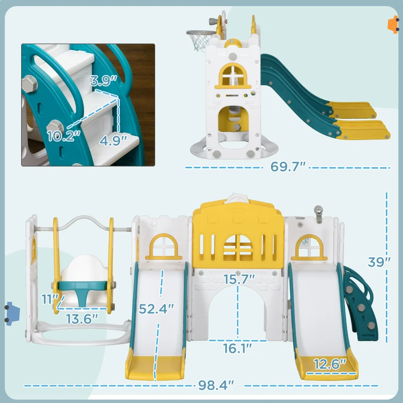 Qaba 8 in 1 Toddler Slide and Swing Set w/ 2 Slides, Basketball Hoop, Climber, Storage Space Telescope, Yellow