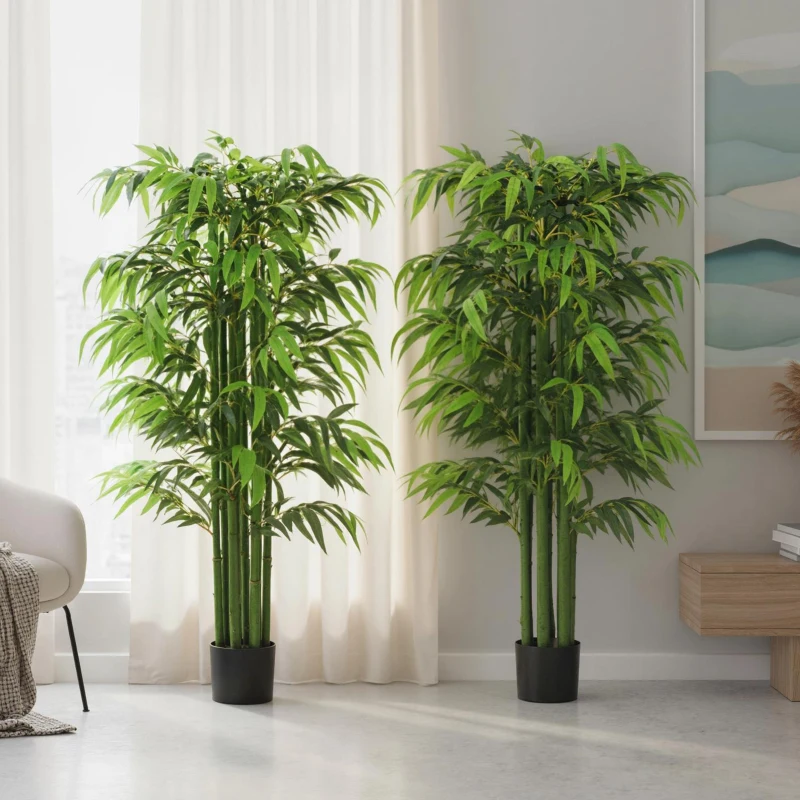 HOMCOM 5.3ft Artificial Tree Set of 2, Indoor Fake Bamboo with Pot, for Home, Office, and Living Room Decor