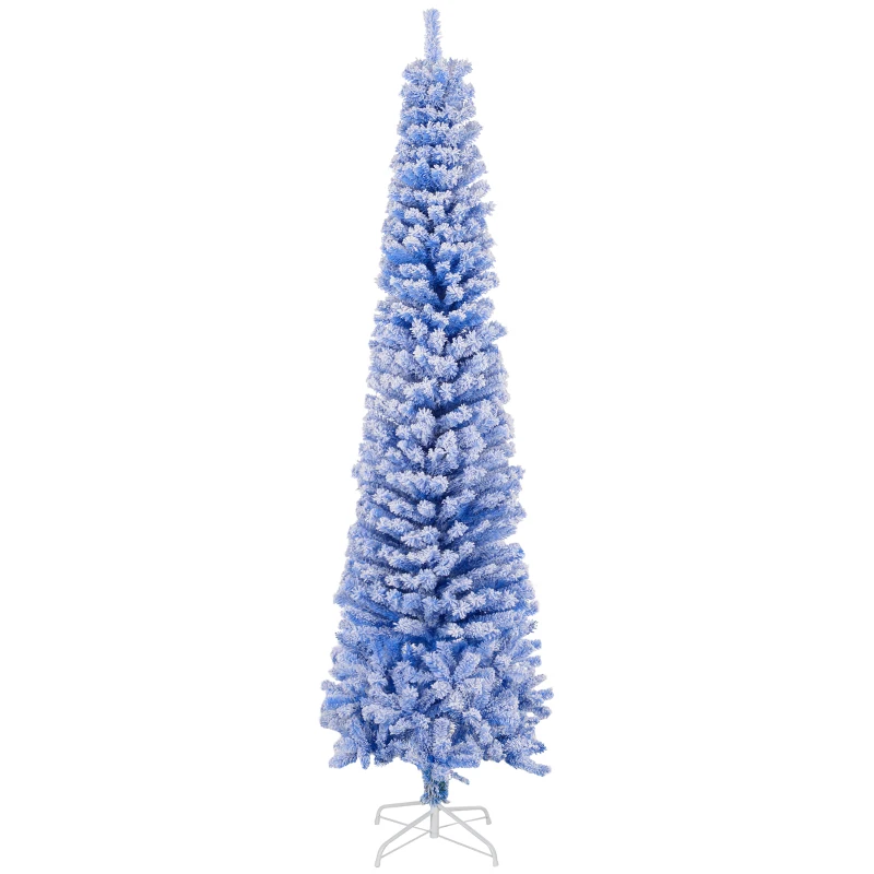 HOMCOM 7.5ft Flocked Christmas Tree, Pencil Christmas Tree with Realistic Branch Tips, Folding Metal Stand, Blue