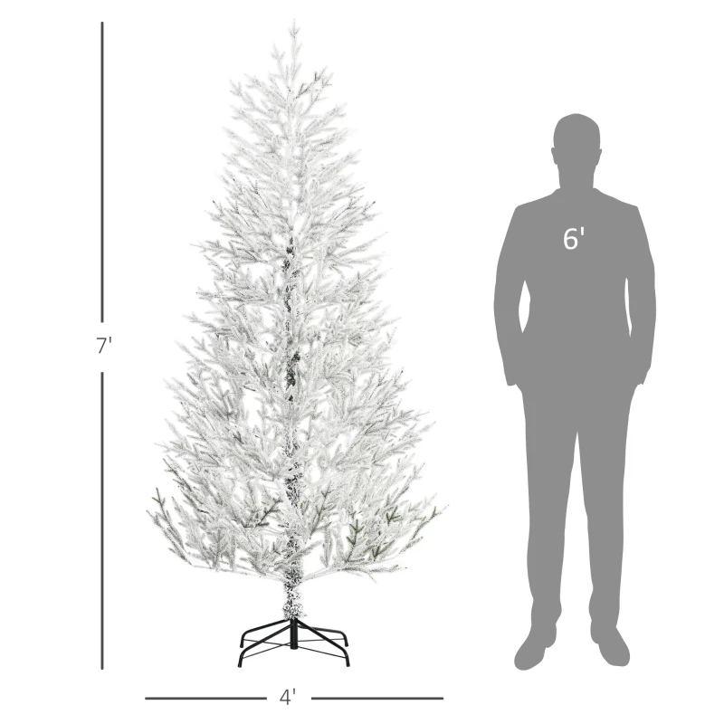 HOMCOM 7 Foot Snow Flocked Artificial Christmas Tree with 240 Fir Realistic Branches, Auto Open, Green