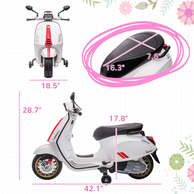 Qaba Vespa Licensed Kids Motorcycle 6V Toddler Motorcycle with Music, FM Radio, Headlight, WHite