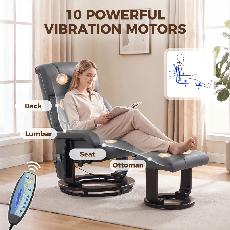 HOMCOM Massage Recliner Chair with Ottoman, 360° Swivel Recliner and Footstool, 10-Point Vibration, Gray