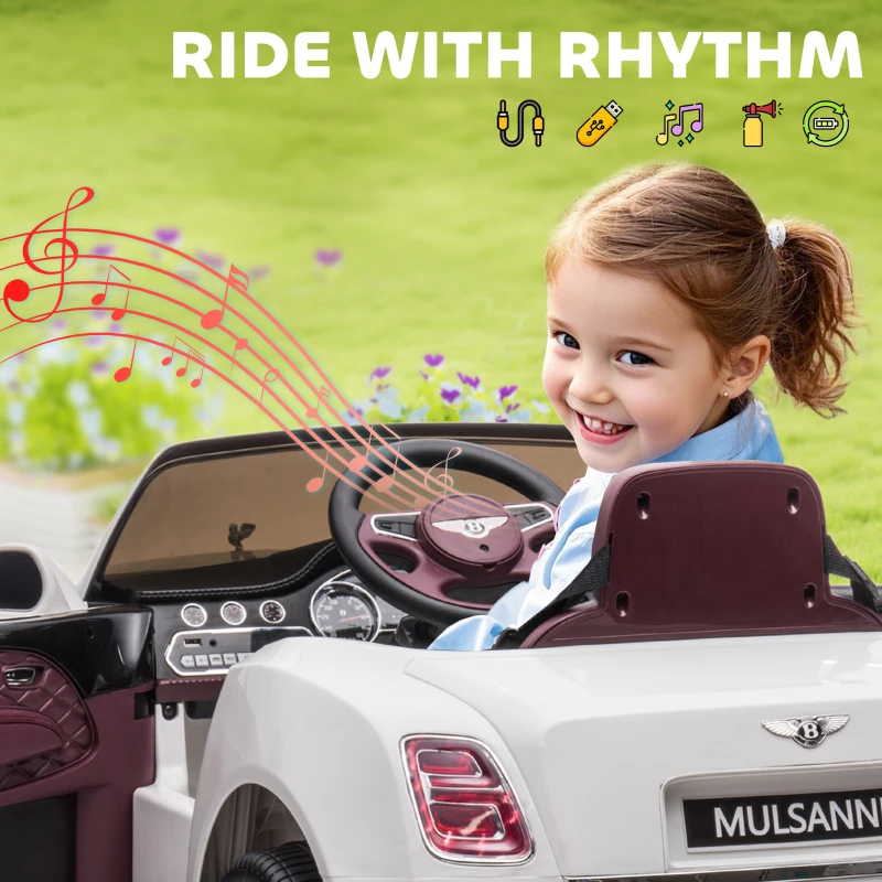 Aosom Bentley Mulsanne 12V Ride on Car, Battery Powered Car with Remote Control, Suspension, Startup Sound, LED Lights, MP3, Horn, Music, Forward and Backward, 2 Motors, White