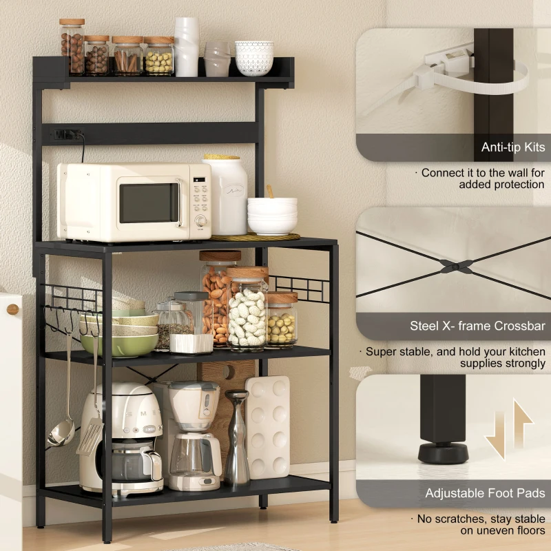 HOMCOM Kitchen Baker's Rack with Power Outlet, Coffee Bar Station with Adjustable Shelves and Hooks, Distressed Black
