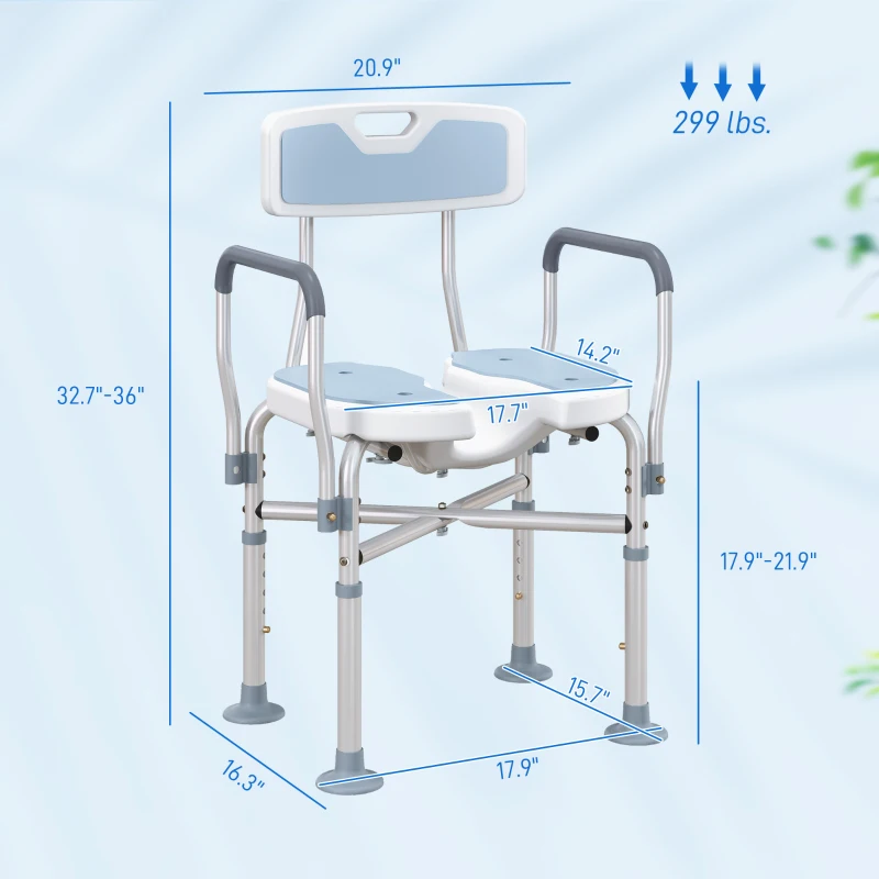 HOMCOM Bath Seat with Adjustable Height, Anti-slip, HDPE Padded Shower Chair with Arms and Back, Light Blue