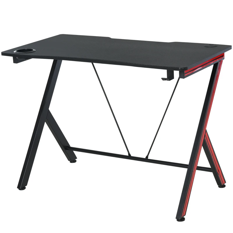 HomCom 41 inch Gaming Computer Desk, Home Office Gamer Table Workstation with Cup Holder, Headphone Hook, Cable Management, Carbon Fiber Surface