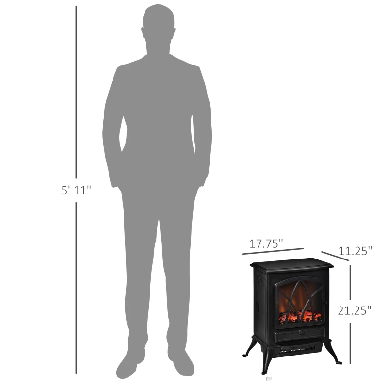 HOMCOM Free Stand Electric Fireplace Stove Heater with Adjustable LED Flame Effect and Front Door, 750W/1500W, Black