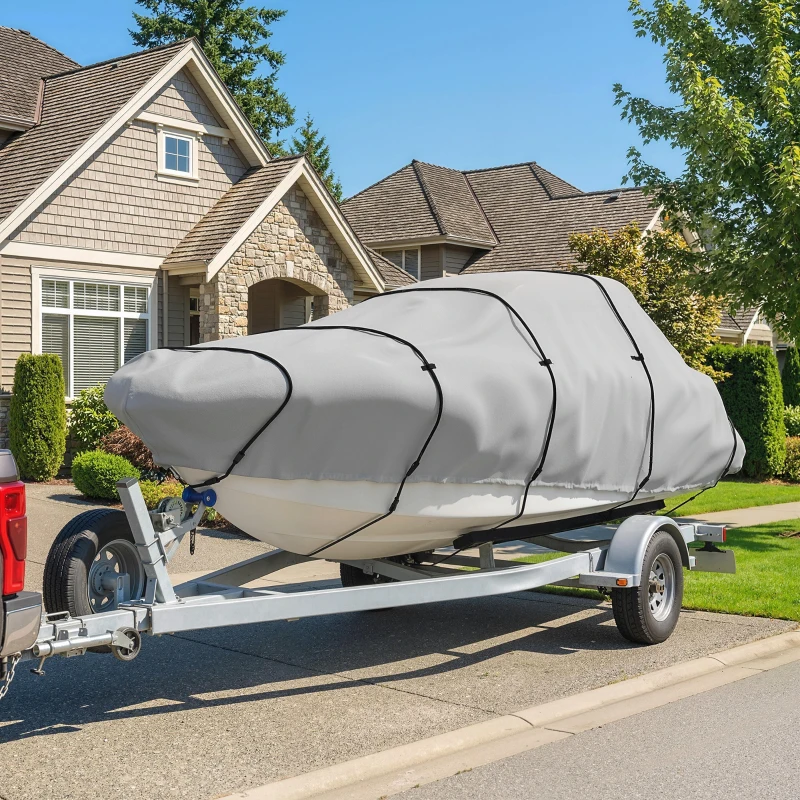 Outsunny 19-20 Ft Trailer Boat Cover, 3000mm Waterproof Universal Boat Cover with Quick-Fasten Buckles, Light Grey