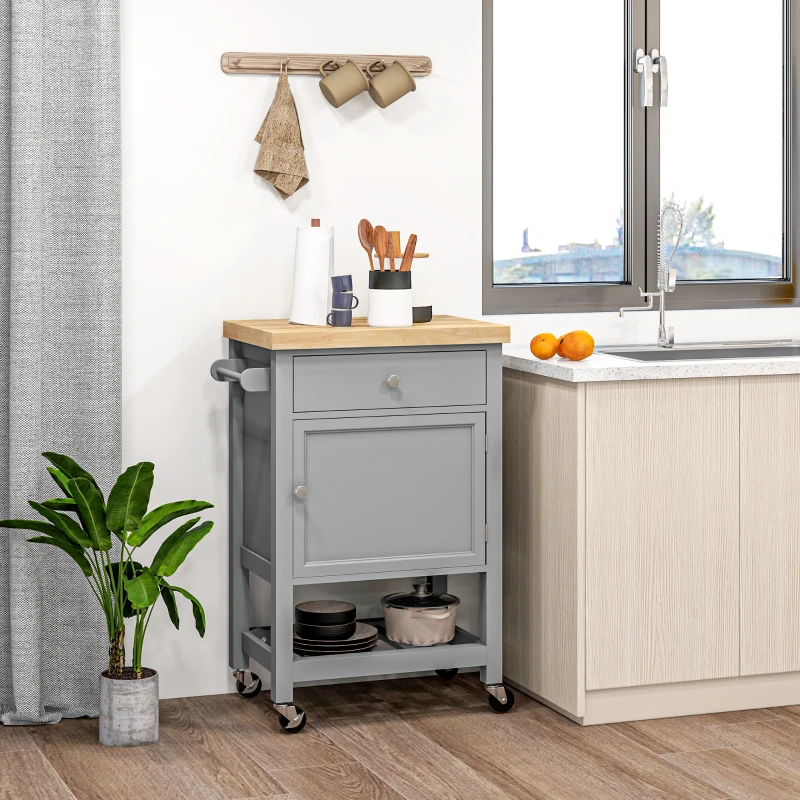 HOMCOM Kitchen Cart on Wheels, Rolling Kitchen Island Cart with Wood Top, Towel Rack, Drawer and Shelf for Dining Area, Grey