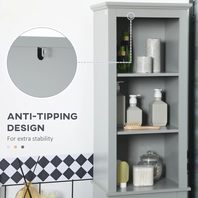 kleankin Slim Bathroom Storage Cabinet Door & Shelves Linen Tower, Gray