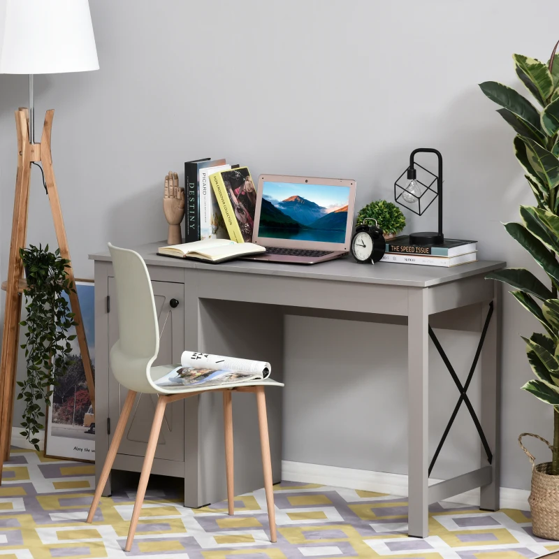 HOMCOM Home Office Writing Desk with Lower Storage Cabinet and X Bar Metal Frame, Grey