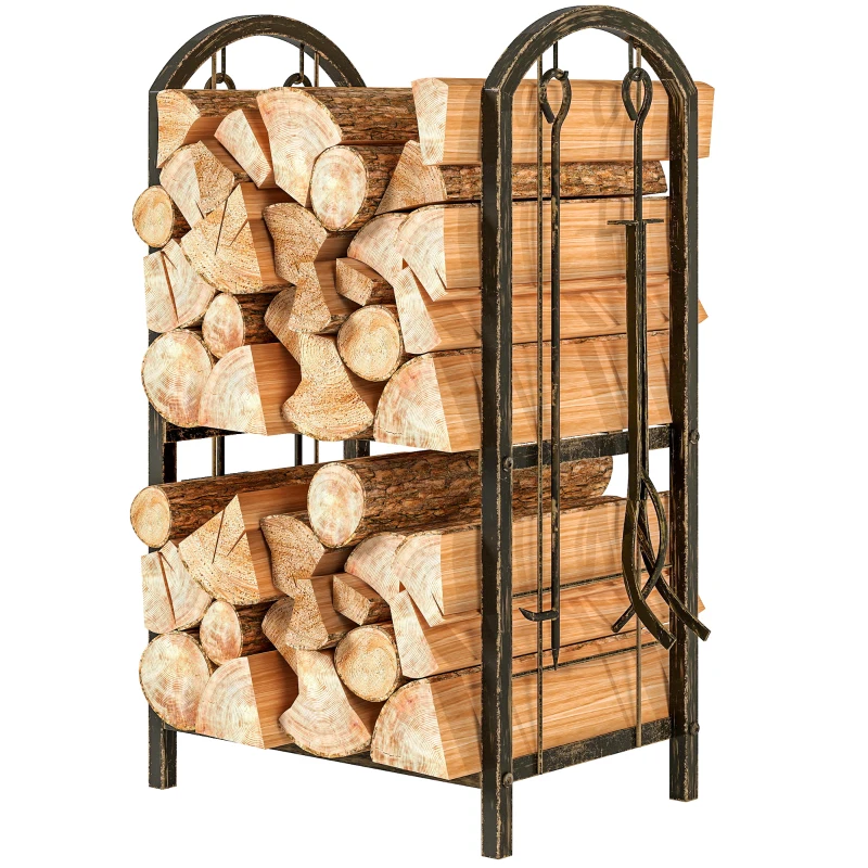 Outsunny 2-Tier Outdoor Firewood Rack with 4 Fireplace Tools, 220 lbs Capacity Metal Log Holder for Fireplace, Coffee Brown