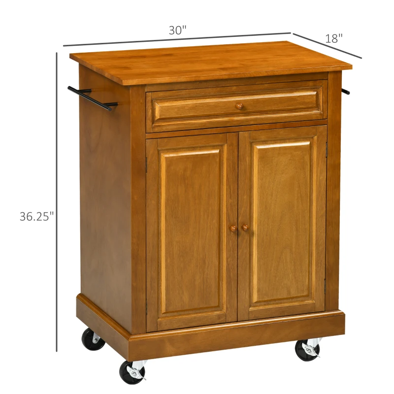 HOMCOM Modern Kitchen Island on Wheels, Rolling Kitchen Cart with Drawer, Storage Cabinet, and 2 Towel Racks for Dining Room, Brown