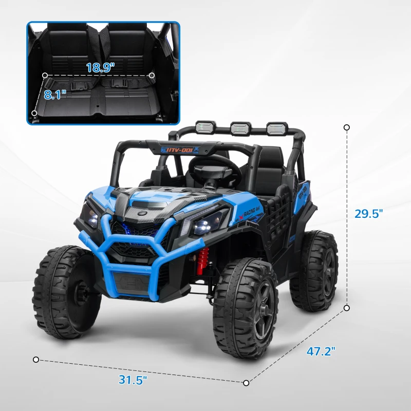 Qaba 2 Seater 24V Kids Electric Car w/ Remote Control, 3 Speed, LED Lights, Music, Horn, Spring Suspension, Slow Start, Blue
