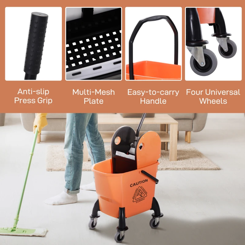 HOMCOM 6.9 Gal/26L Mop Bucket, Mop Bucket with Wringer, Wheels and Handle, Orange