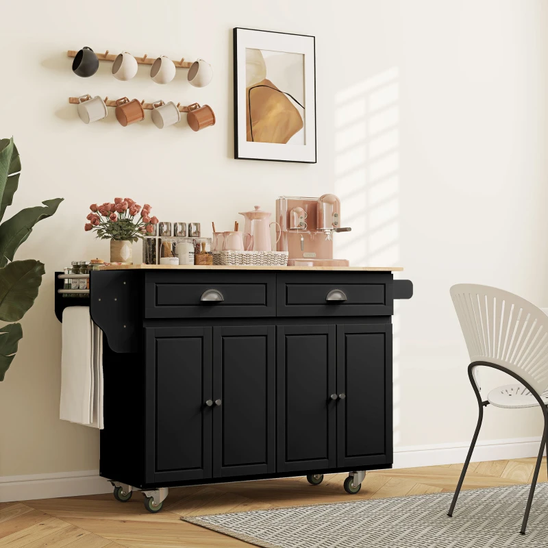 HOMCOM Kitchen Island with Storage, Rolling Kitchen Island with Drop Leaf, Rubber Wood Top and Adjustable Shelves, Black