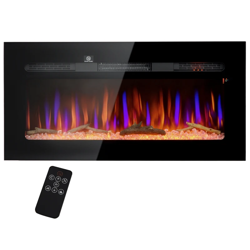 HOMCOM 36" Recessed or Wall Mounted Electric Fireplace Heater with Remote Control, Adjustable Flame Color and Brightness