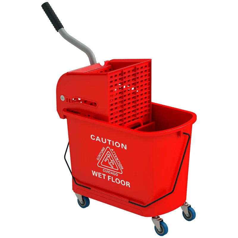 HOMCOM Compact Mop Bucket with Wringer, Mop Bucket on Wheels for Floor Cleaning, 5 Gallon, Separate Dirty and Clean Water, Red