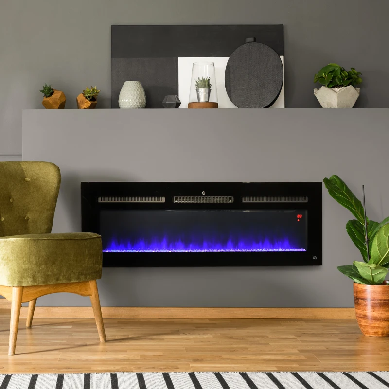 HOMCOM 50" 1500W Recessed and Wall Mounted Electric Fireplace Inserts with Remote, Adjustable Flame Color and Brightness, Cryolite-Effect Rocks, Black