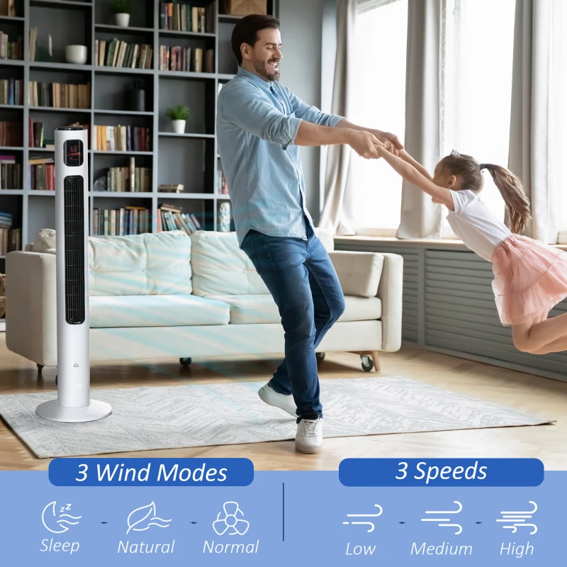 HOMCOM Freestanding Tower Fan Cooling for Home Bedroom with Oscillating, 3 Speed, 12h Timer, LED Sensor Panel, Remote Controller, White
