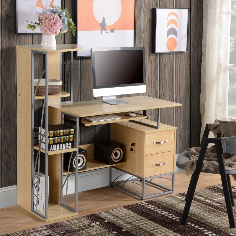 HOMCOM Modern Computer Desk with 4-Tier Bookshelf, Home Office Writing Table Workstation with Tower Storage Shelves Keyboard Tray & Lockable Drawers, Natural