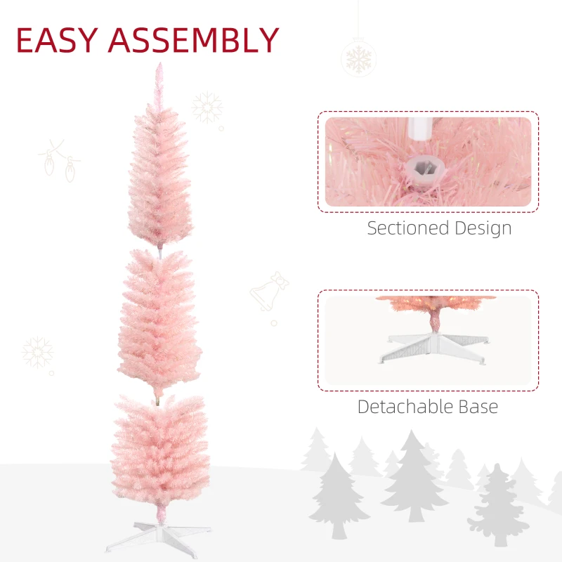 HOMCOM 7' Prelit Christmas Trees, Pencil Artificial Christmas Tree with Colorful Surface Branches, Colorful LED Lights, Pink