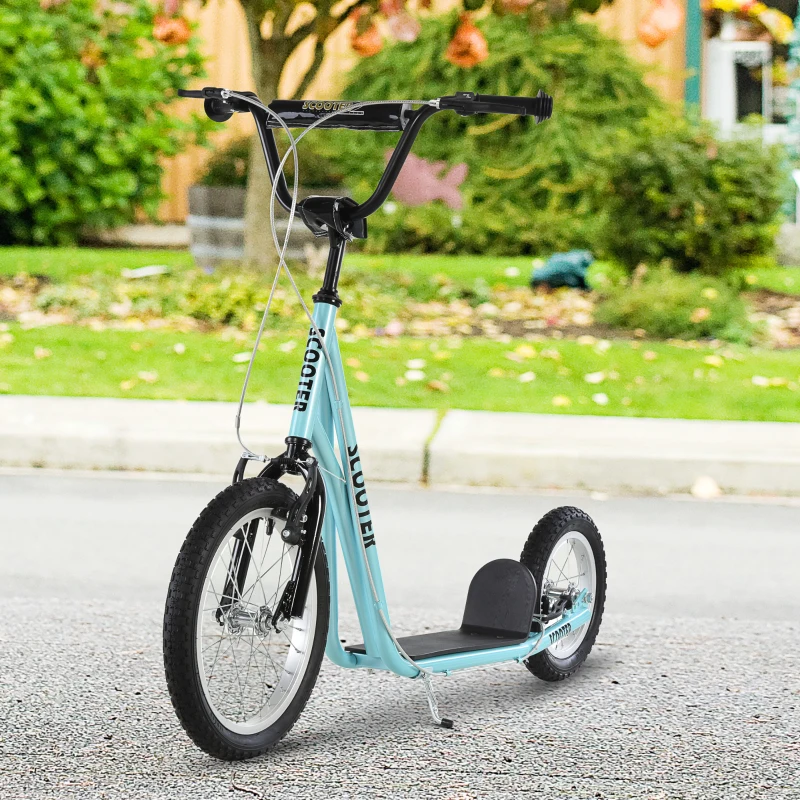 Aosom Youth Kick Scooter with Adjustable Handlebar and 16'' Inflatable Rubber Wheel for Kids and Teens 5+ Year Old, Blue