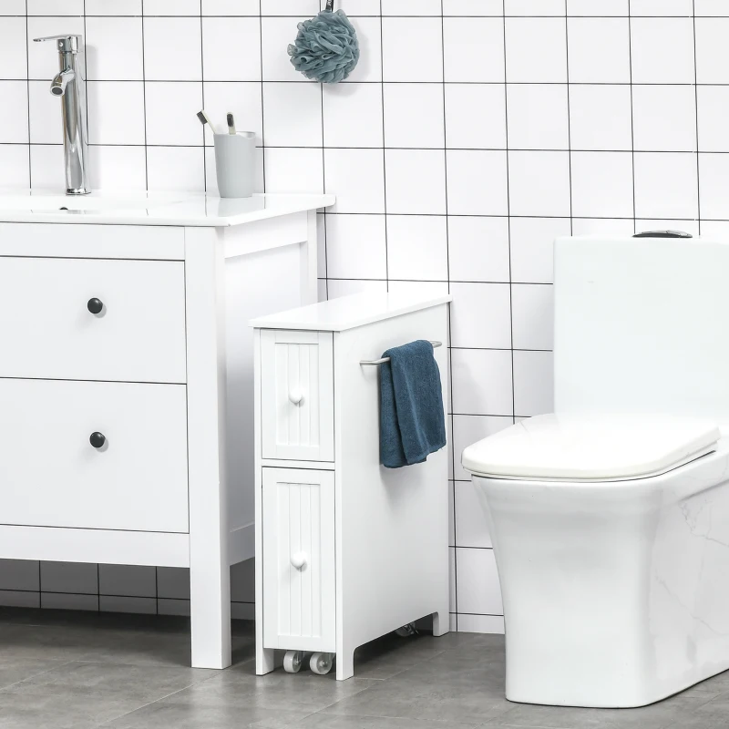 kleankin Slim Bathroom Cabinet, Freestanding Storage Cabinet, Toilet Paper Holder with Two Drawers, Side Towel Rack, and Wheels, 7 x 20.5 x 24.75 Inches, White
