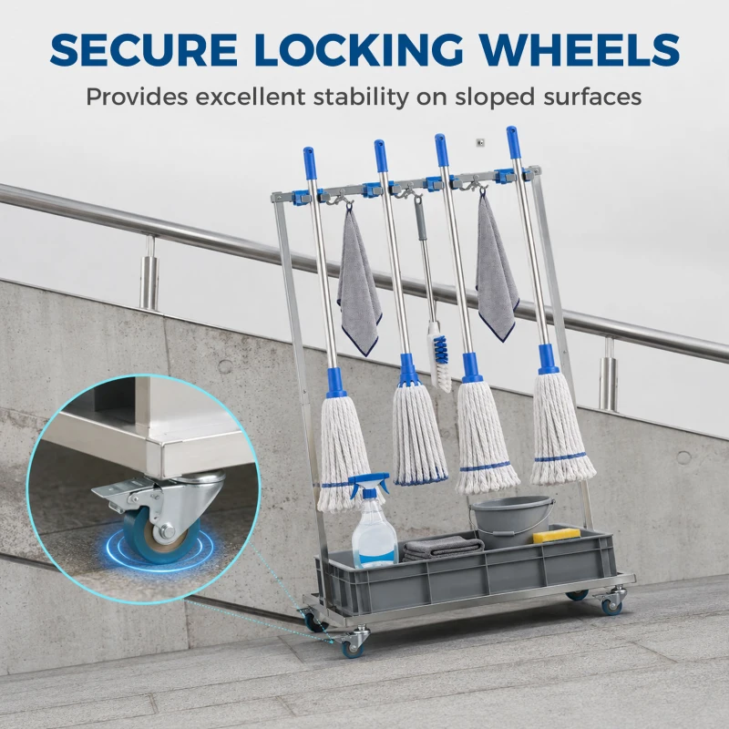 HOMCOM Cleaning Rolling Janitor Cart with Locking Wheels Cleaning Cart with Integrated Drip Tray 4 Casters