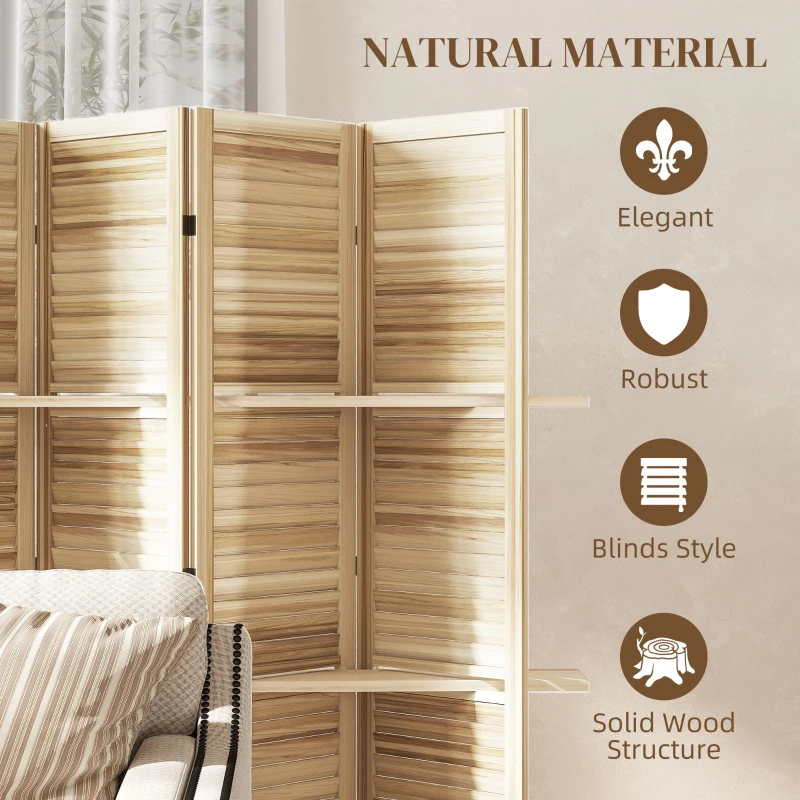 HOMCOM 5 Panel 67" Tall Wood Privacy Screen Room Divider with 3 Shelves and Folding Storage for Bedroom, Natural Wood