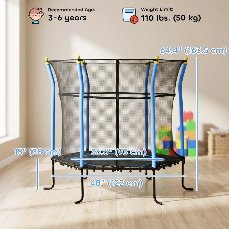 Soozier 63" Kids Trampoline Mini Indoor Bouncer Jumper with Enclosure Net Elastic Thick Padded Pole Gift for Child Toddler Age 3-6 Years Old Blue