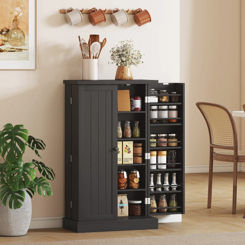 HOMCOM Freestanding Kitchen Pantry Storage Cabinet Kitchen Cabinet with 5-Tier Shelf 12 Spice Racks Adjustable Shelves Black