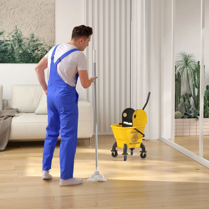 HOMCOM Mop Bucket with Wringer on Wheels for Floor Cleaning, 27.5 Quart Down Press Wringer with Handle and Mop, Yellow