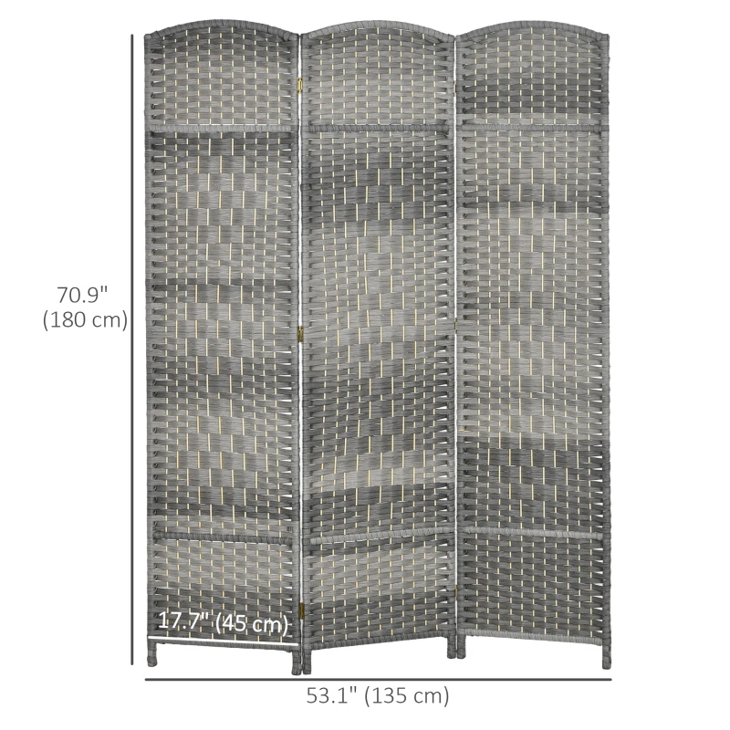 HOMCOM 6 Ft Tall Folding Room Divider, 3 Panel Portable Privacy Screen, Hand-Woven Partition Wall Divider, Mixed Grey