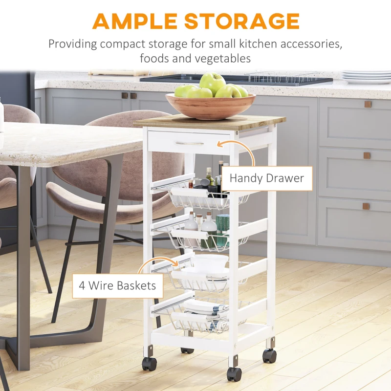 HOMCOM Mobile Kitchen Cart, Rolling Kitchen Island with Storage, Solid Wood Frame Utility Cart with Wire Fruit Baskets and Drawer, White
