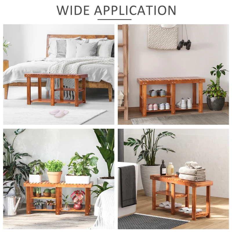 HOMCOM 3-Tier Shoe Rack Bench, Acacia Wood Shoe Organizer, Rustic Entryway Bench with Storage Shelves for Entryway, Teak