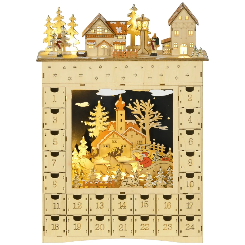HOMCOM Christmas Advent Calendar, Wooden Countdown to Christmas Table Decoration with 24 Drawers, Lights, Battery Operated