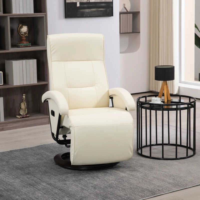 HOMCOM PU Recliner with Footrest, Lounge Chair with 135° Adjustable Backrest, Swivel Wood Base, Padded Seat & Armrests for Living Room, Bige