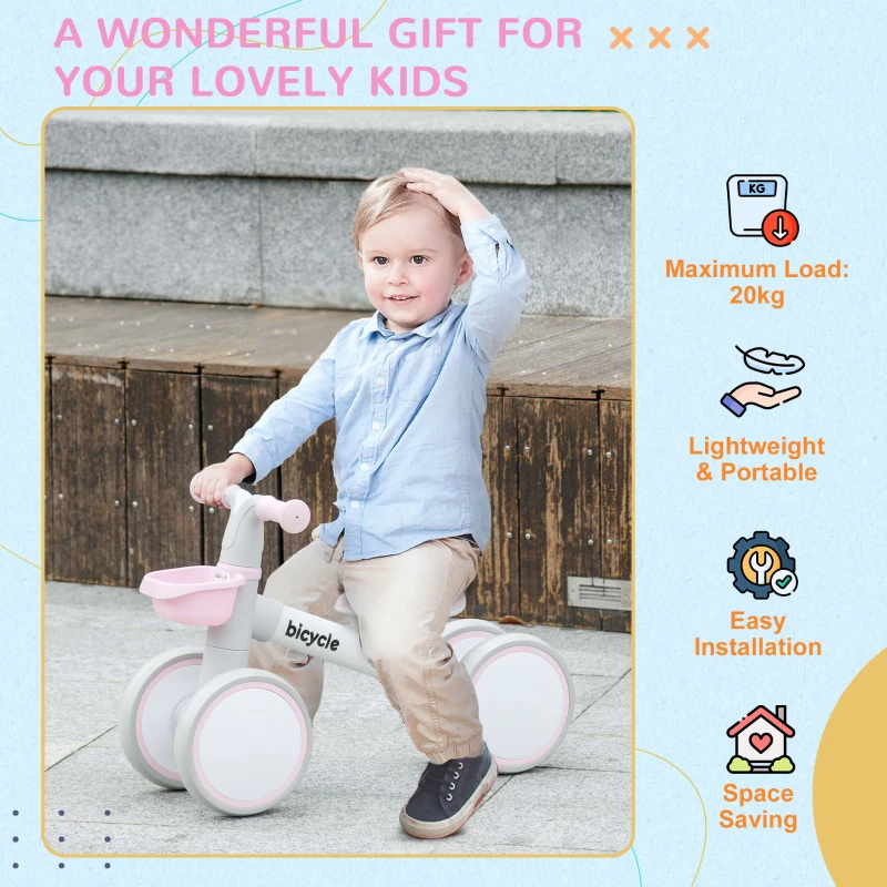 Qaba Balance Bike for Toddlers 1-3 Years with Adjustable Seat, Silent Wheels, No Pedal Bike, Pink