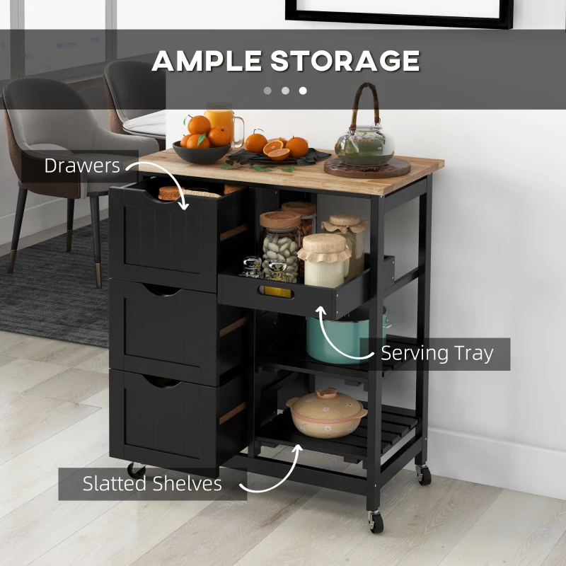 HOMCOM Rolling Kitchen Cart, Kitchen Island with Wood Top, Shelves & Drawers for Dining Area, Black