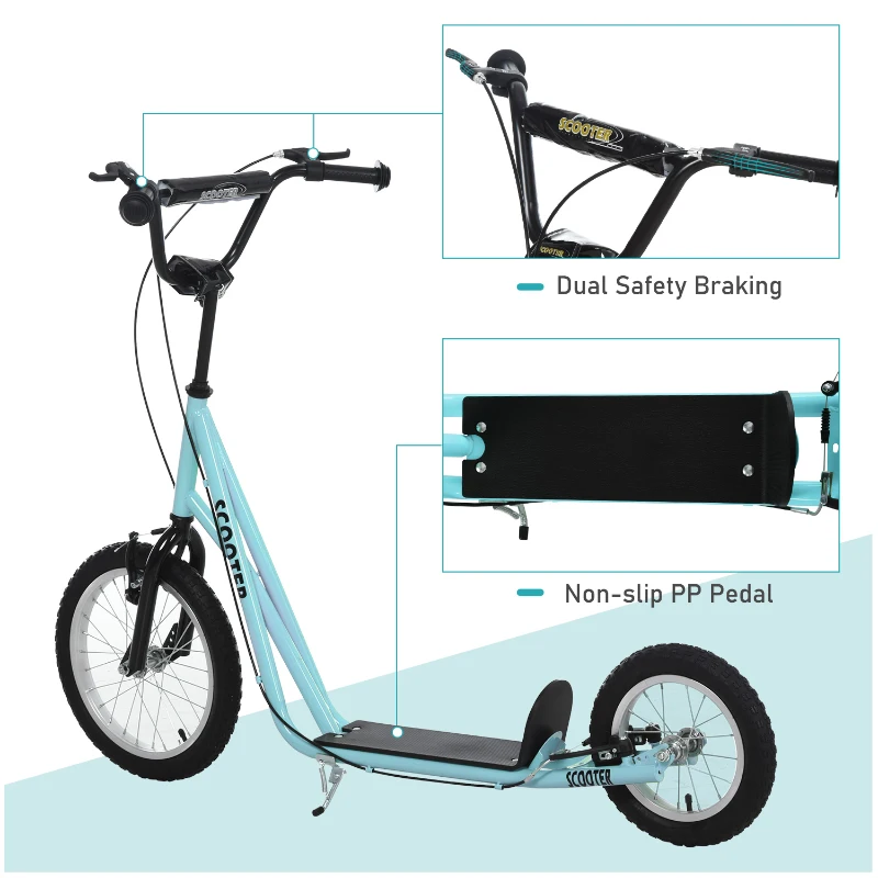 Aosom Youth Kick Scooter with Adjustable Handlebar and 16'' Inflatable Rubber Wheel for Kids and Teens 5+ Year Old, Blue