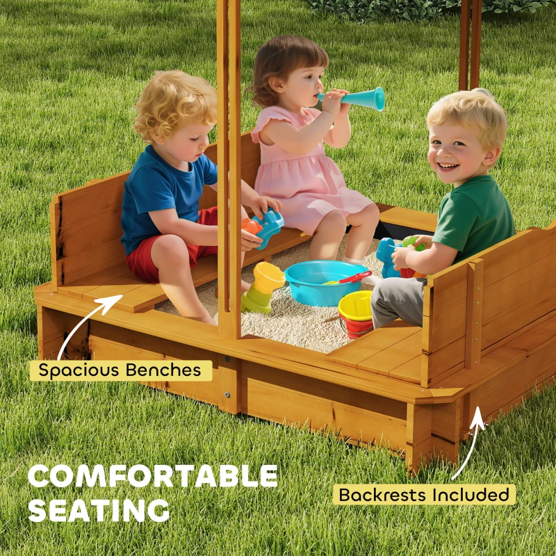 Outsunny Wooden Kids Sandbox with Cover, Children Outdoor Sand Box with Foldable Bench Seats and Adjustable Canopy, Brown