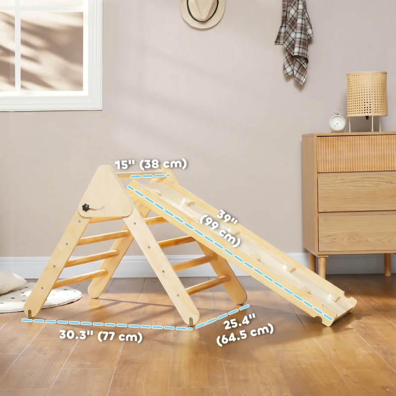 Qaba Pikler Triangle Set, 3 in 1 Climbing Toys with Ramp for Toddlers, Nature Wood