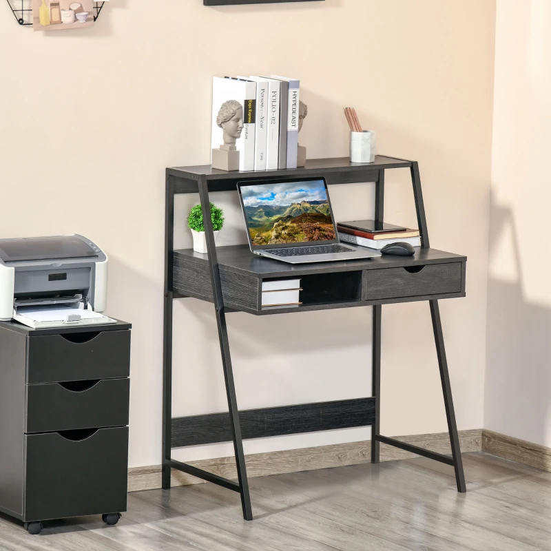 HOMCOM Home Office desk, Computer Desk for Small Spaces, Study Table with Drawer and Storage Shelves, Charcoal Gray