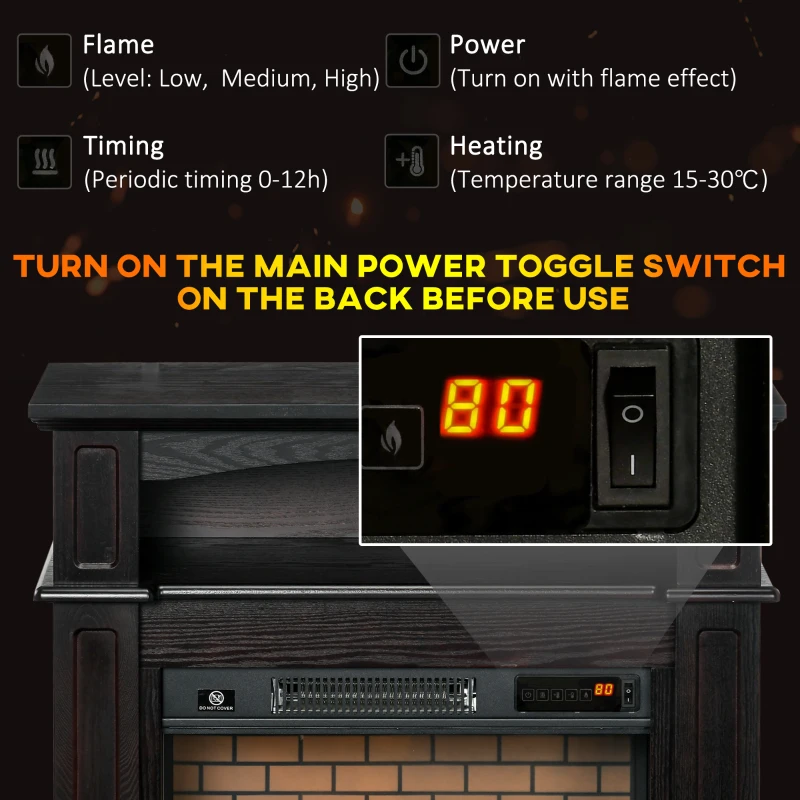 HOMCOM 32" Electric Fireplace with Mantel, Freestanding Heater with LED Log Flame, Shelf and Remote Control, 1400W, Brown