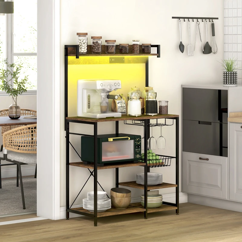 HOMCOM Industrial Kitchen Bakers Rack with Charging Station, RGB Lights, Glass Holders and Open Shelves, Rustic Brown