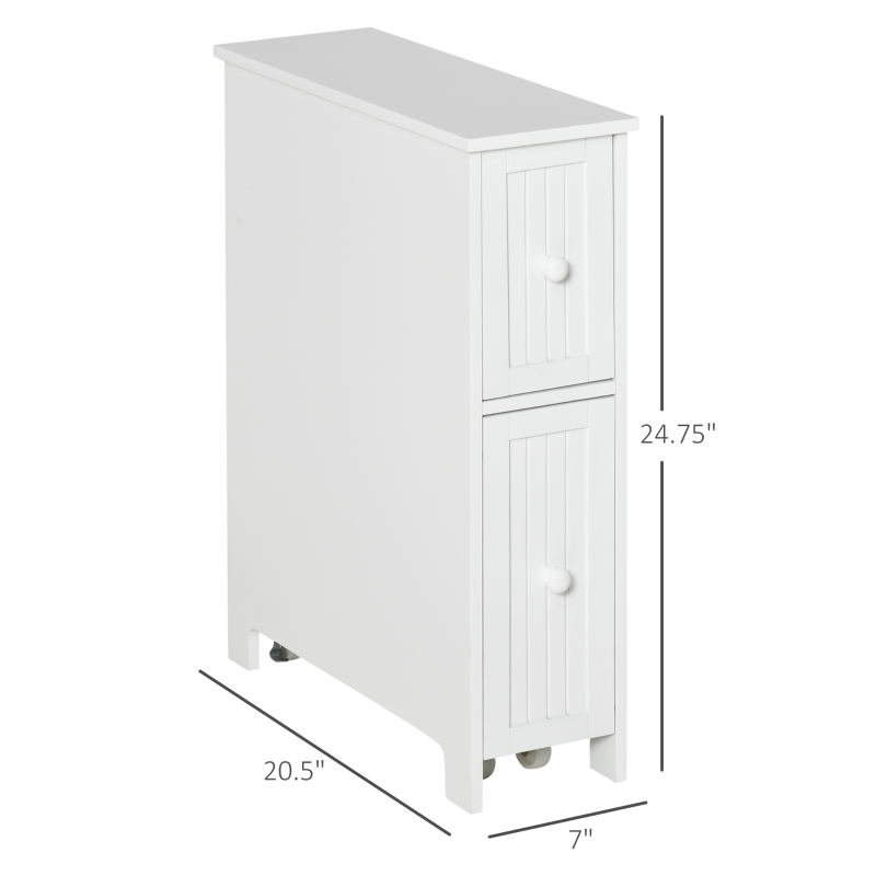 kleankin Slim Bathroom Cabinet, Freestanding Storage Cabinet, Toilet Paper Holder with Two Drawers, Side Towel Rack, and Wheels, 7 x 20.5 x 24.75 Inches, White