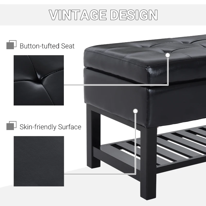 HomCom 44" Tufted Faux Leather Ottoman Storage Bench With Shoe Rack - Black